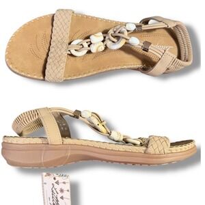 Littleplum Women Flat Sandals Beige Braided T Strap Beaded Boho Beach Sz 9 EU 40